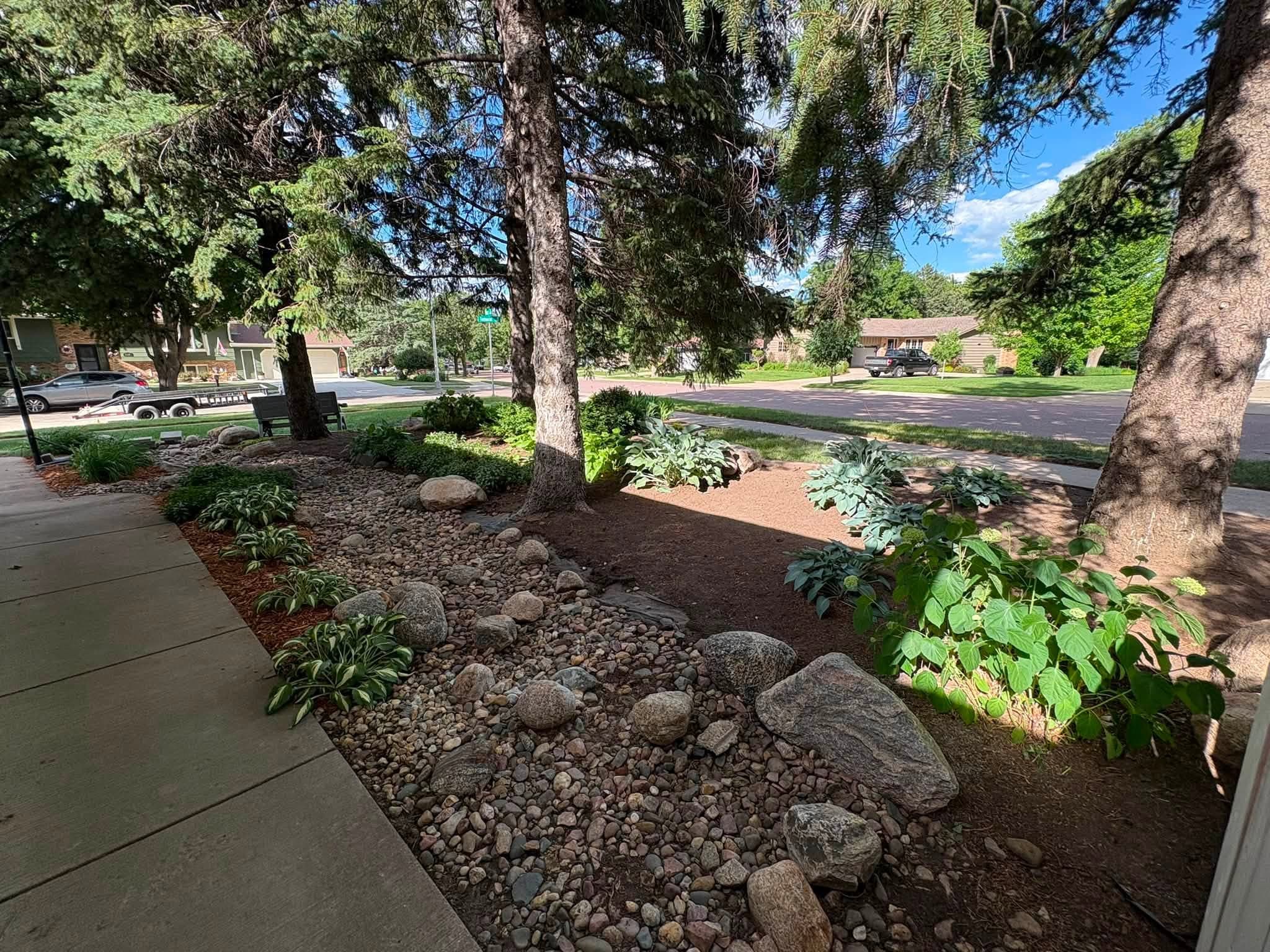 Boulder and rock bed along a sidewalk with hostas
