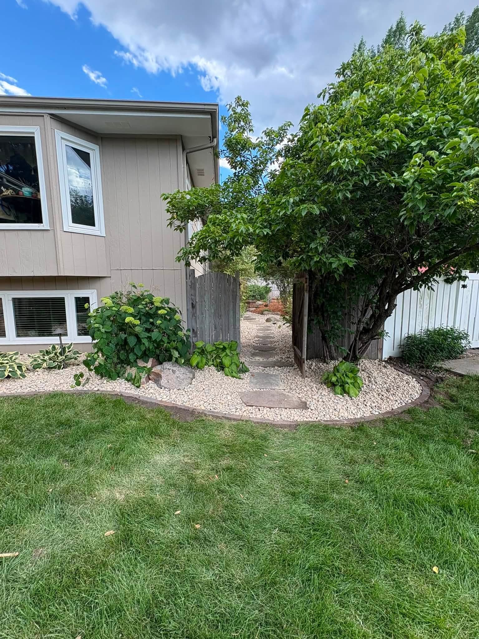 Lush green backyard lawn with clean rock edging